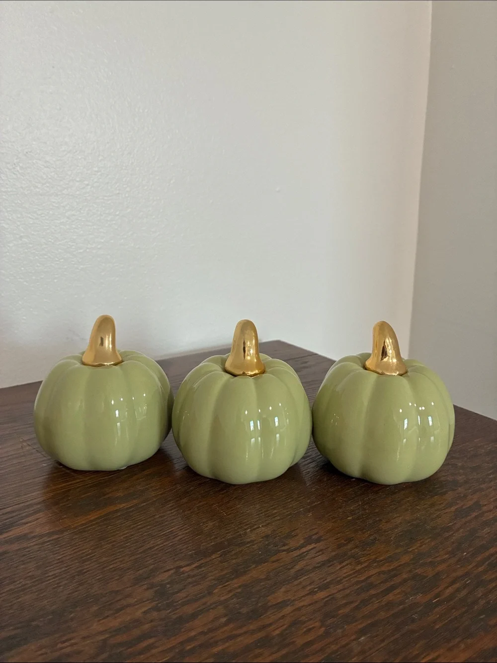 NWT- Set of 3- Glossy Green Ceramic Pumpkin Decorations with Gold Stems